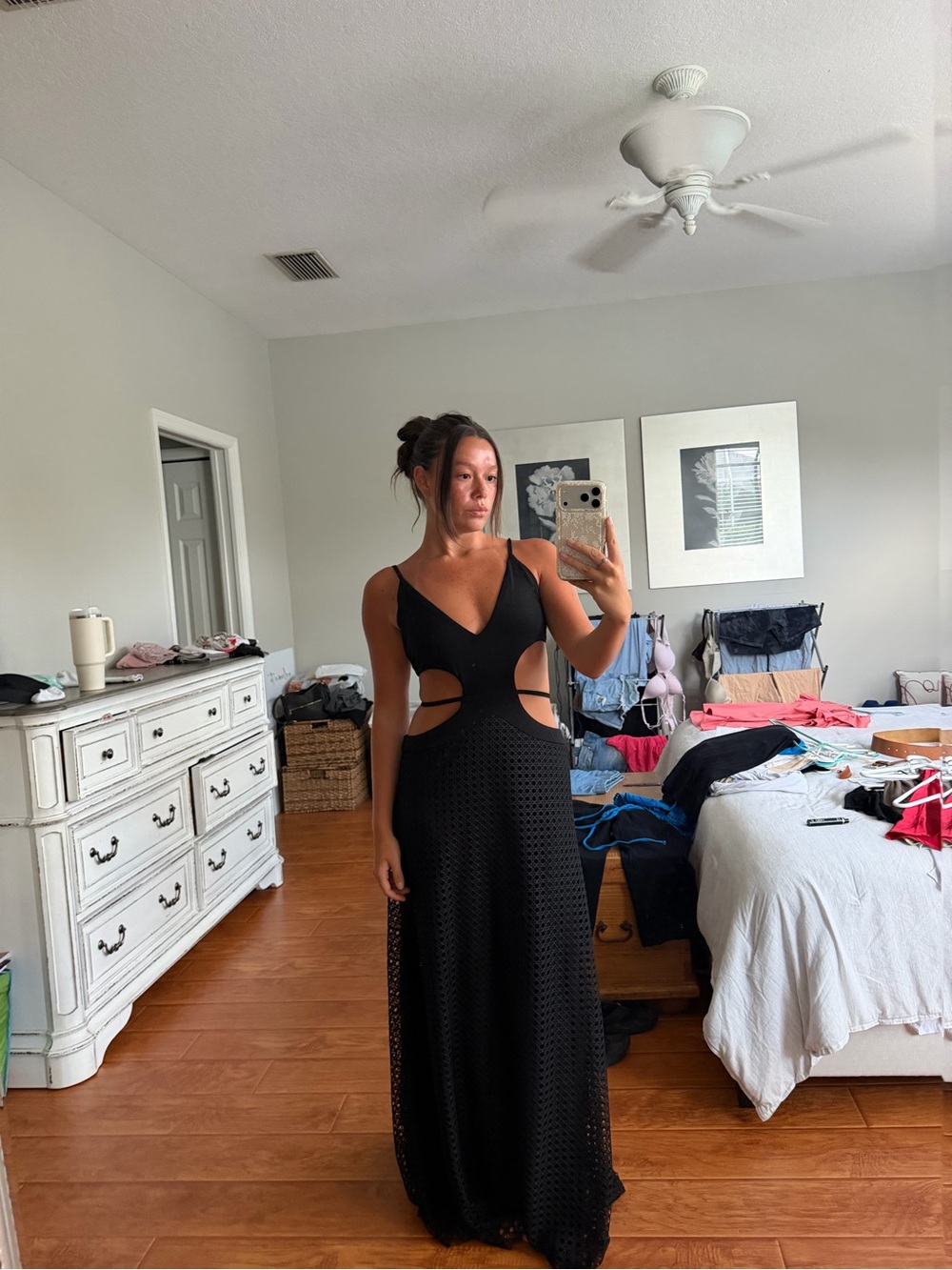 Peppermayo Black Cutout Maxi Dress with Textured Overlay
